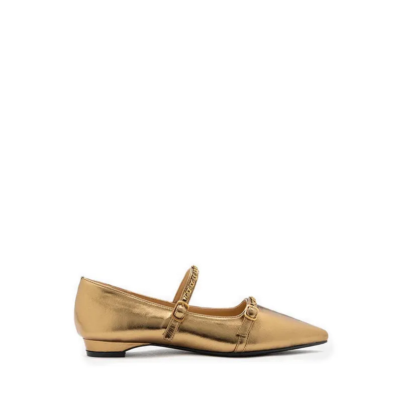 Eva Chained Strappy Pointed Toe Flats Bronze mewah eksklusif Joy368